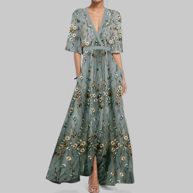 Robe Longue Verte - Élégance Juvénile Demi-Manches