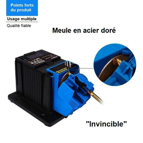 "Aiguiseur électrique multifonctionnel pour couteaux, ciseaux et outils, compact et bleu, angle réglable, 65W puissant."