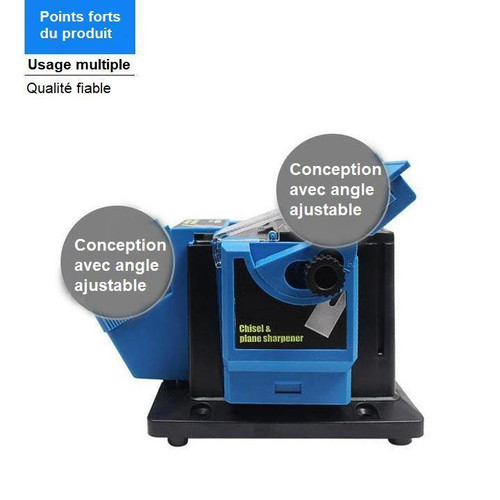 "Aiguiseur électrique multifonctionnel pour couteaux, ciseaux et outils, compact et bleu, angle réglable, 65W puissant."