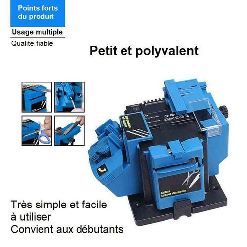 "Aiguiseur électrique multifonctionnel pour couteaux, ciseaux et outils, compact et bleu, angle réglable, 65W puissant."