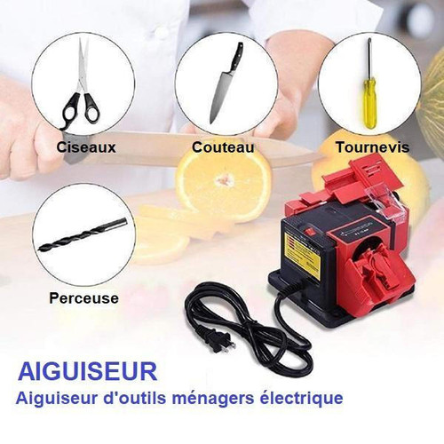 "Aiguiseur électrique multifonctionnel pour couteaux, ciseaux et outils, compact et bleu, angle réglable, 65W puissant."