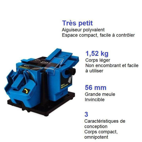 "Aiguiseur électrique multifonctionnel pour couteaux, ciseaux et outils, compact et bleu, angle réglable, 65W puissant."