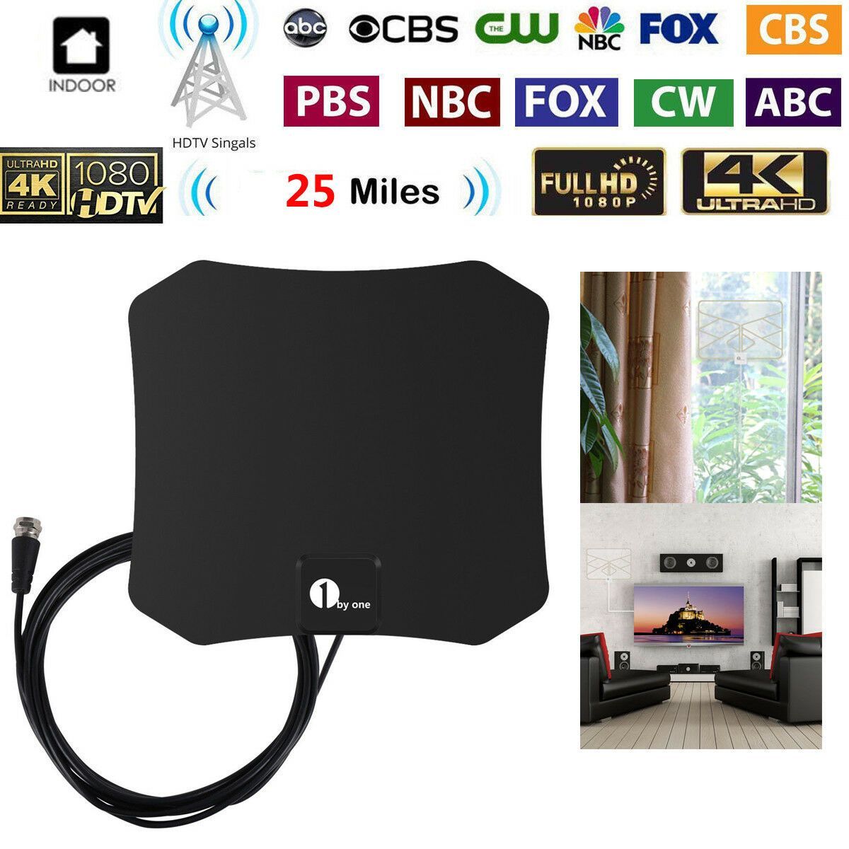 Antenne satellite intérieure HDTV compacte pour réception HD, design élégant, installation facile, clarté exceptionnelle.
