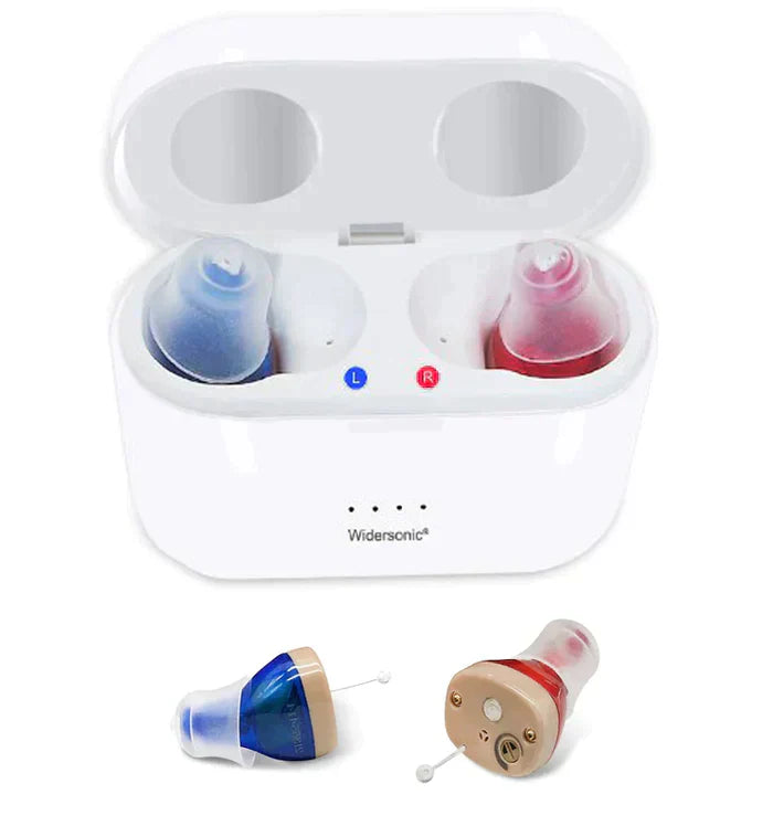 "Appareil auditif V30 discret, rechargeable, en conduit auditif, design moderne, isolation sonore pour sport et bien-être."