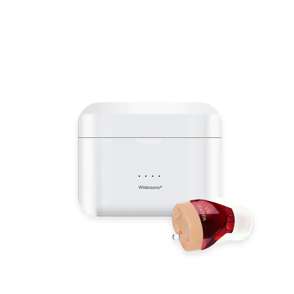 "Appareil auditif V30 discret, rechargeable, en conduit auditif, design moderne, isolation sonore pour sport et bien-être."