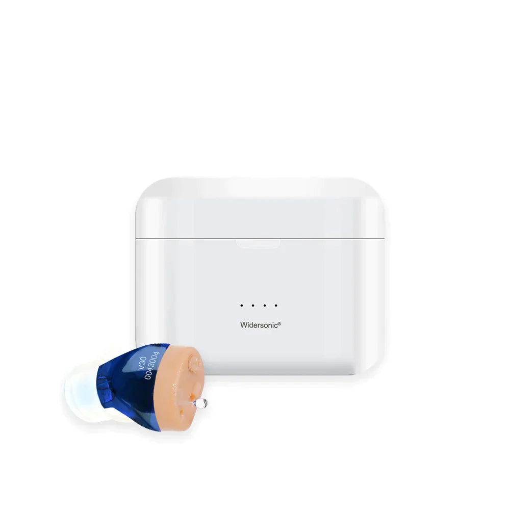 "Appareil auditif V30 discret, rechargeable, en conduit auditif, design moderne, isolation sonore pour sport et bien-être."