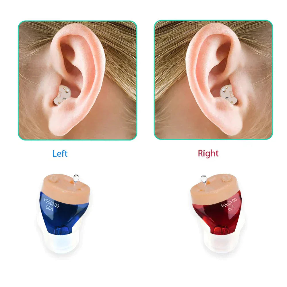 "Appareil auditif V30 discret, rechargeable, en conduit auditif, design moderne, isolation sonore pour sport et bien-être."