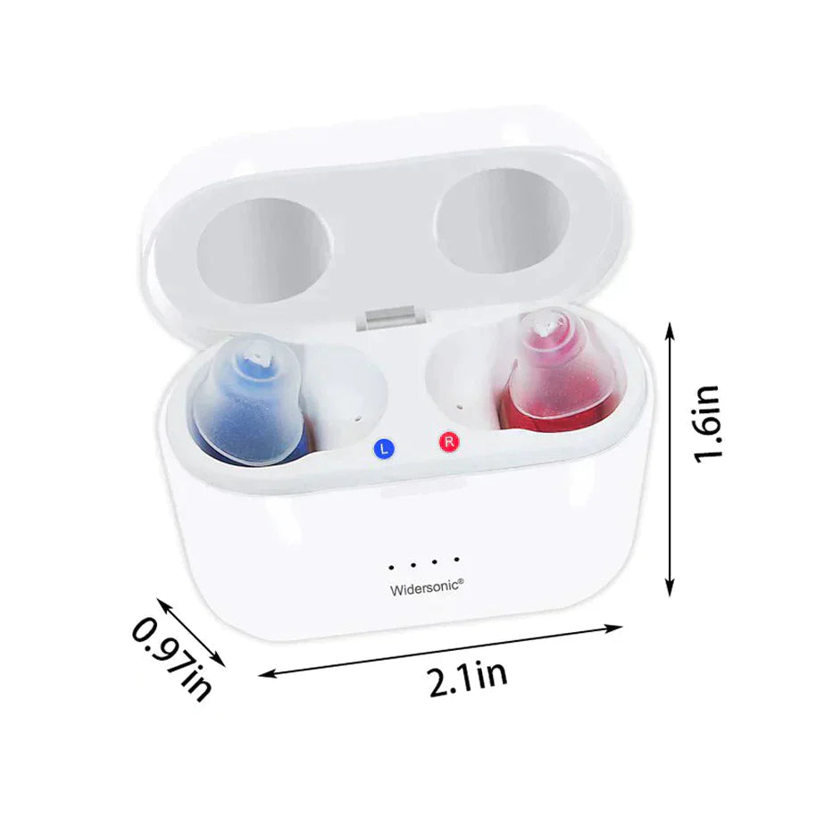 "Appareil auditif V30 discret, rechargeable, en conduit auditif, design moderne, isolation sonore pour sport et bien-être."