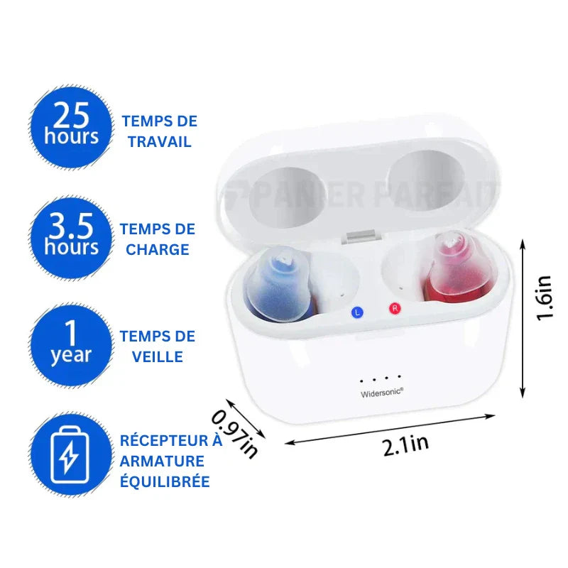 "Appareil auditif V30 discret, rechargeable, en conduit auditif, design moderne, isolation sonore pour sport et bien-être."