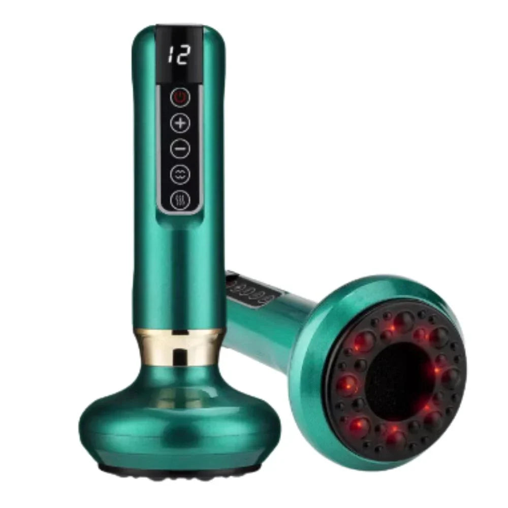 "Appareil de massage anti cellulite avec ventouse ergonomique et chaleur infrarouge, design compact blanc, gris, vert."