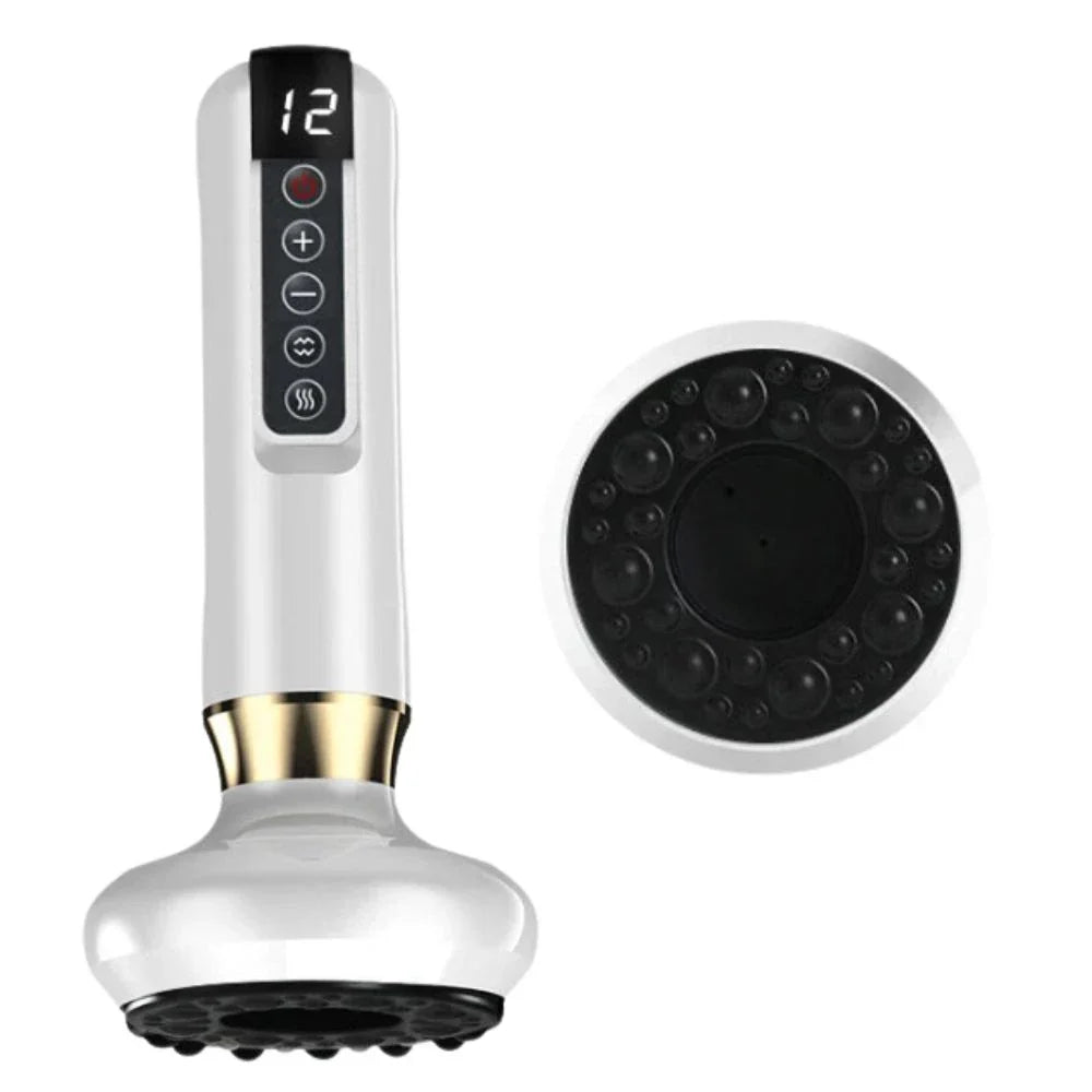 "Appareil de massage anti cellulite avec ventouse ergonomique et chaleur infrarouge, design compact blanc, gris, vert."