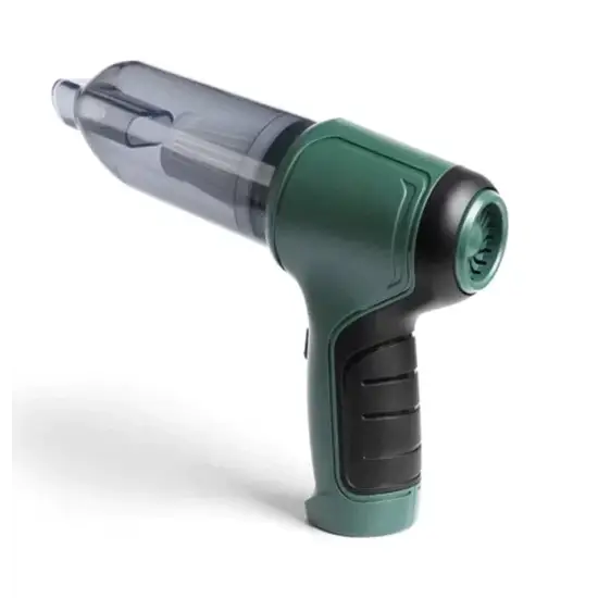 "Aspirateur de voiture sans fil avec aspiration 12000PA, compact, gris et vert, idéal pour nettoyage efficace des véhicules."