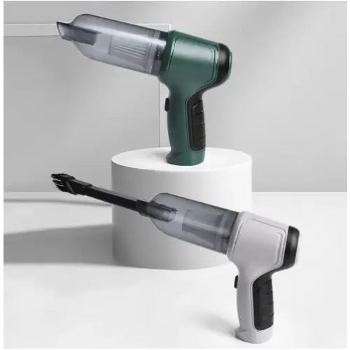 "Aspirateur de voiture sans fil avec aspiration 12000PA, compact, gris et vert, idéal pour nettoyage efficace des véhicules."