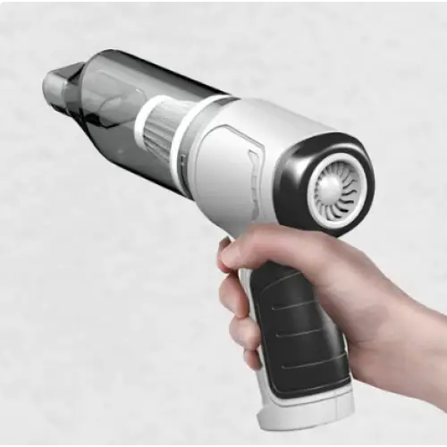 "Aspirateur de voiture sans fil avec aspiration 12000PA, compact, gris et vert, idéal pour nettoyage efficace des véhicules."