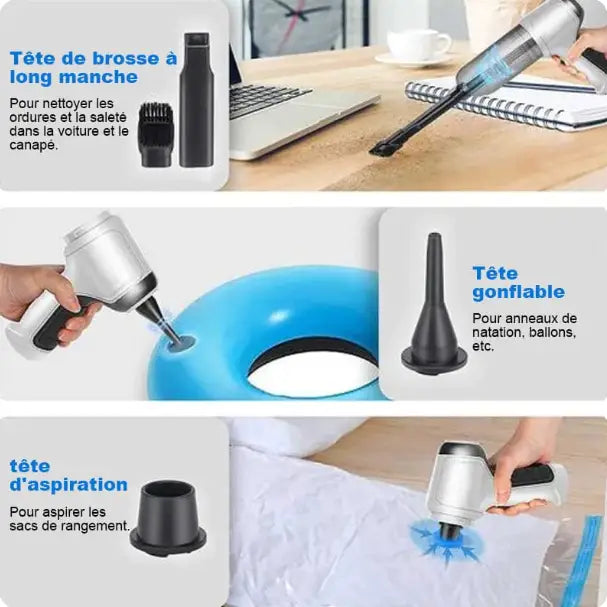 "Aspirateur de voiture sans fil avec aspiration 12000PA, compact, gris et vert, idéal pour nettoyage efficace des véhicules."