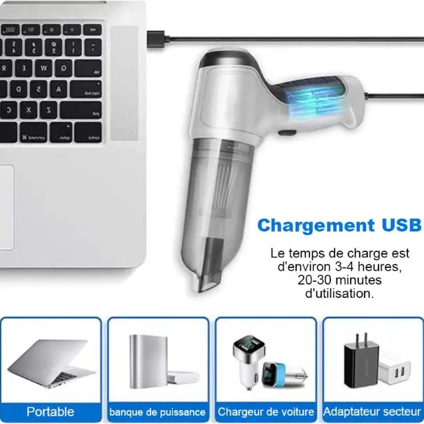 "Aspirateur de voiture sans fil avec aspiration 12000PA, compact, gris et vert, idéal pour nettoyage efficace des véhicules."