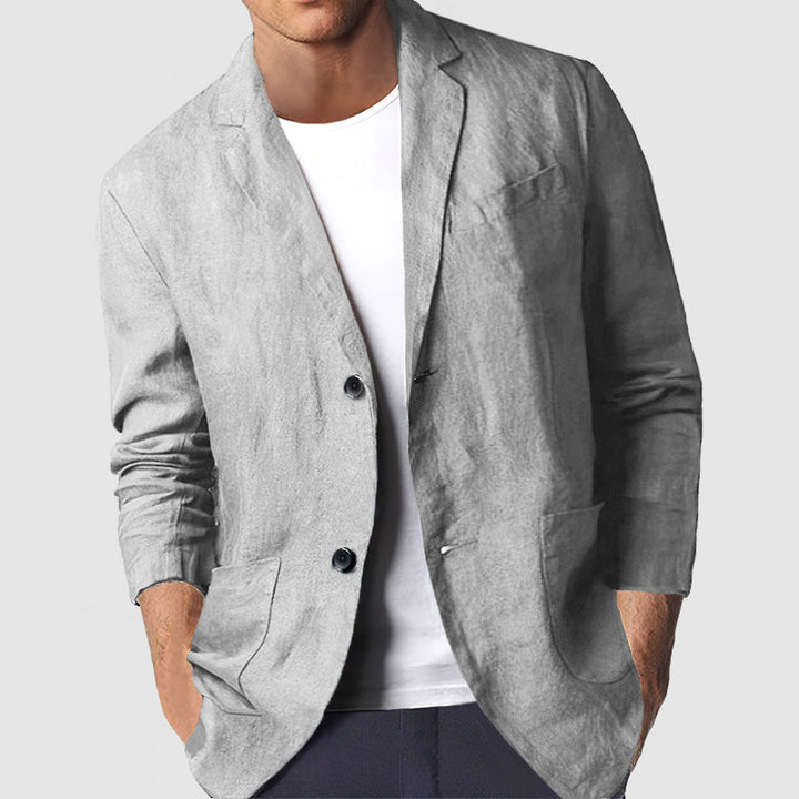 "Blazer casual homme en coton gris clair, coupe décontractée, élégant et confortable, parfait pour un look smart-casual."