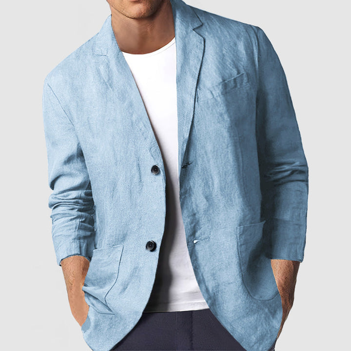 "Blazer casual homme en coton gris clair, coupe décontractée, élégant et confortable, parfait pour un look smart-casual."