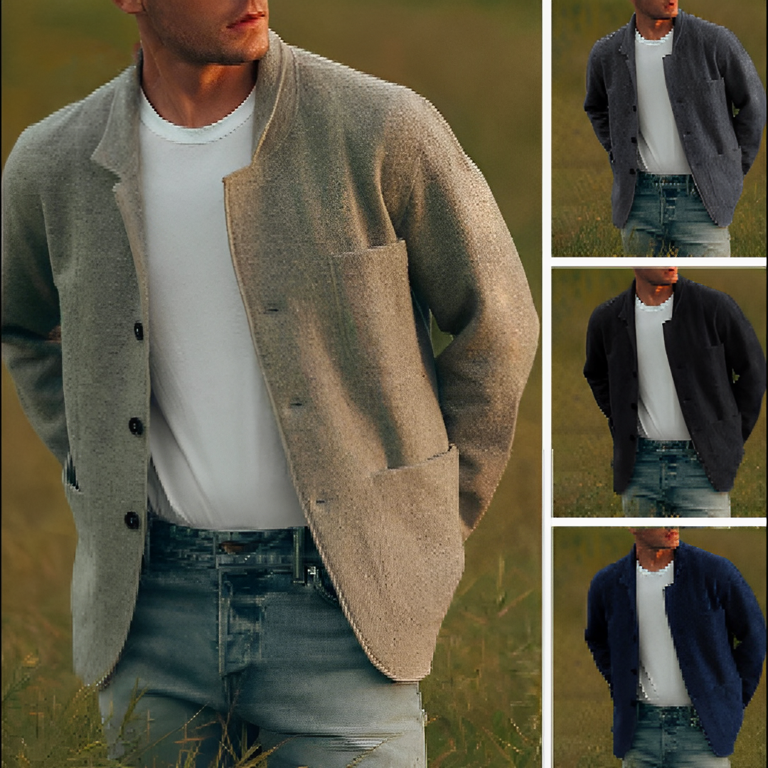 Blazer élégant homme avec poches multiples, coupe chic et moderne, couleur neutre, parfait pour toutes occasions.