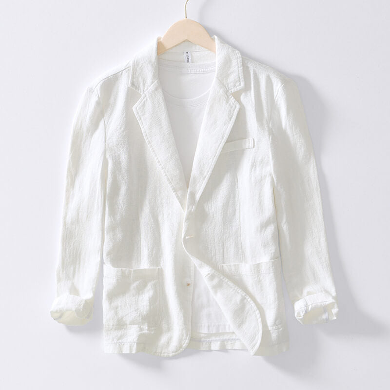 "Blazer en lin beige homme, élégant et léger, parfait pour un look raffiné et confortable lors d'occasions formelles."
