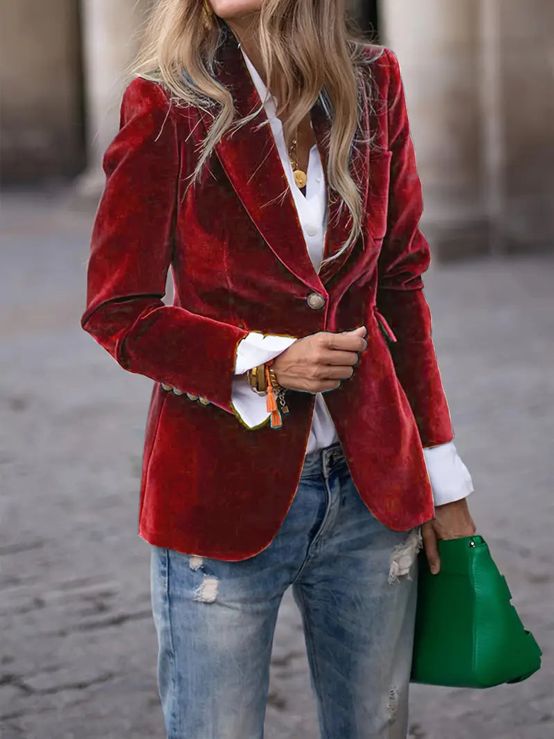 "Blazer femme en velours doux, coupe cintrée, boutonnage simple, élégance classique, idéal pour toutes occasions."