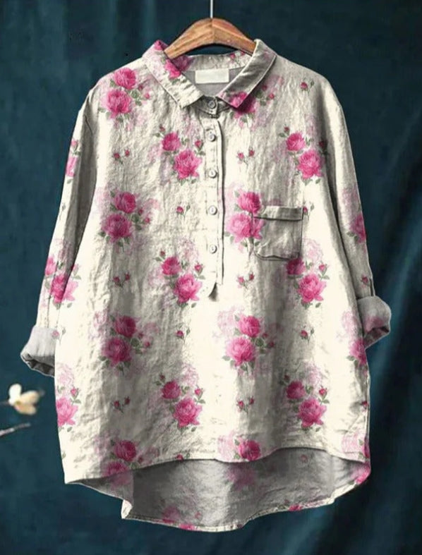 "Blouse en soie avec imprimé floral, manches longues, col en V, élégante et confortable, pour toutes occasions."