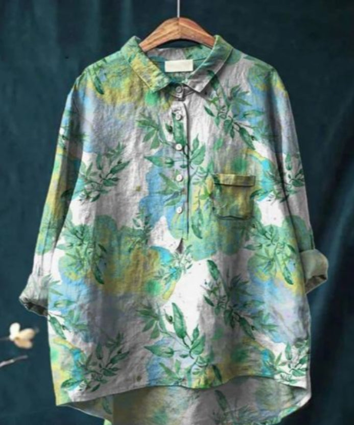 "Blouse en soie avec imprimé floral, manches longues, col en V, élégante et confortable, pour toutes occasions."