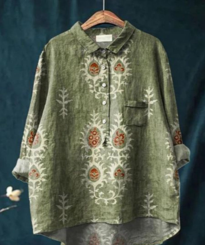 "Blouse en soie avec imprimé floral, manches longues, col en V, élégante et confortable, pour toutes occasions."