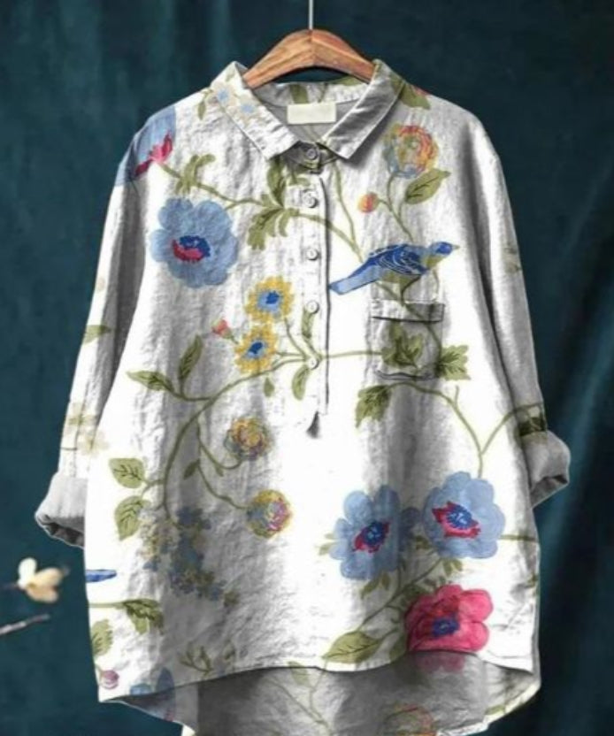 "Blouse en soie avec imprimé floral, manches longues, col en V, élégante et confortable, pour toutes occasions."