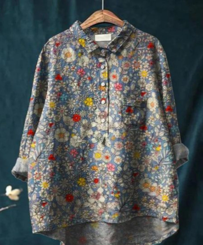 "Blouse en soie avec imprimé floral, manches longues, col en V, élégante et confortable, pour toutes occasions."