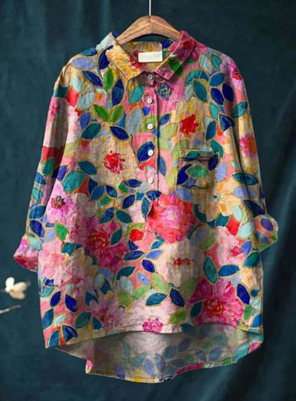 "Blouse en soie avec imprimé floral, manches longues, col en V, élégante et confortable, pour toutes occasions."