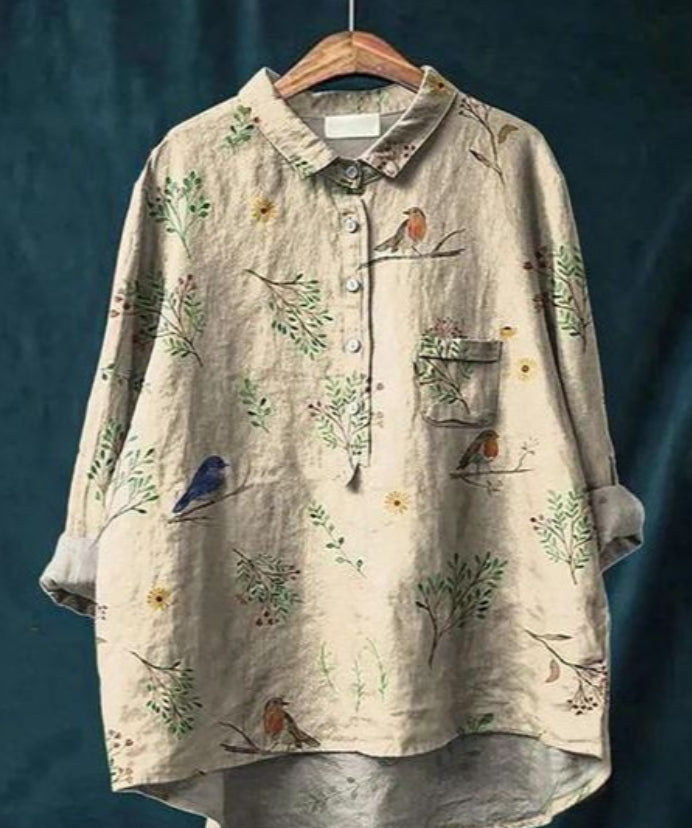 "Blouse en soie avec imprimé floral, manches longues, col en V, élégante et confortable, pour toutes occasions."