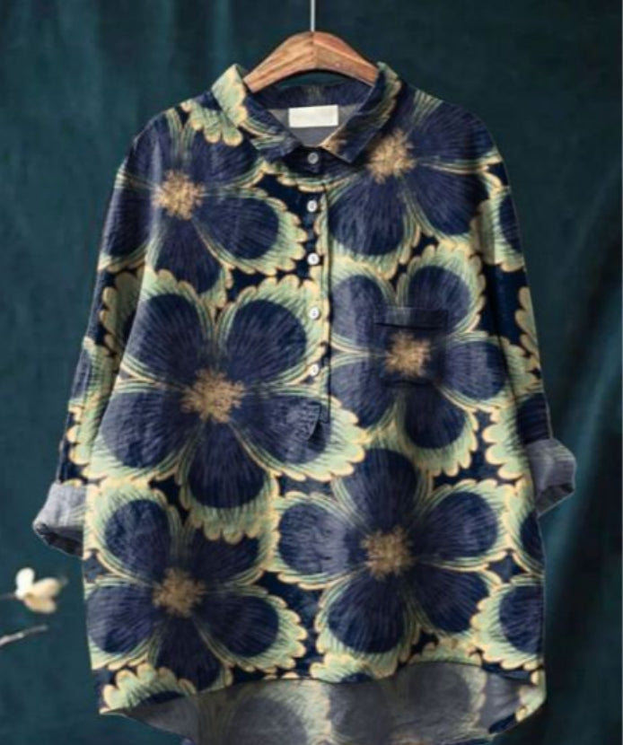 "Blouse en soie avec imprimé floral, manches longues, col en V, élégante et confortable, pour toutes occasions."