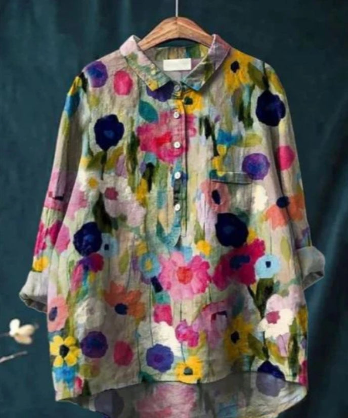 "Blouse en soie avec imprimé floral, manches longues, col en V, élégante et confortable, pour toutes occasions."