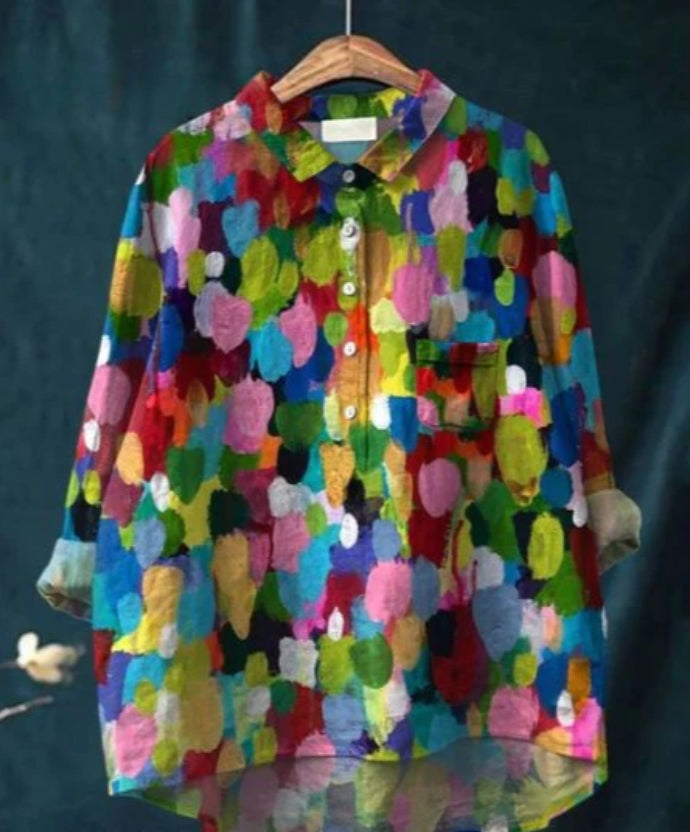 "Blouse en soie avec imprimé floral, manches longues, col en V, élégante et confortable, pour toutes occasions."