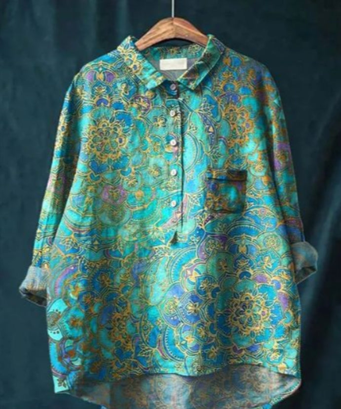 "Blouse en soie avec imprimé floral, manches longues, col en V, élégante et confortable, pour toutes occasions."