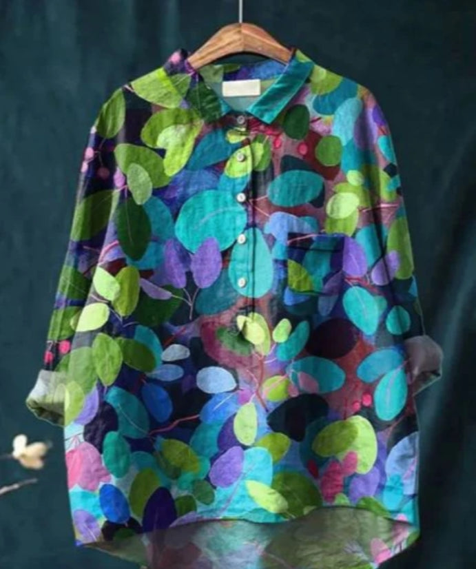 "Blouse en soie avec imprimé floral, manches longues, col en V, élégante et confortable, pour toutes occasions."