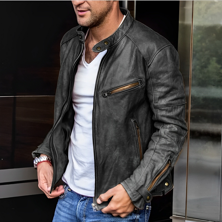 Blouson cuir homme noir, élégant et polyvalent, col rabattable, manches longues, idéal pour style urbain et moto.