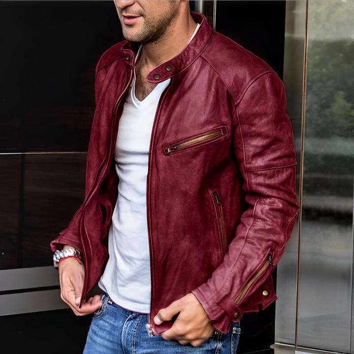 Blouson cuir homme noir, élégant et polyvalent, col rabattable, manches longues, idéal pour style urbain et moto.