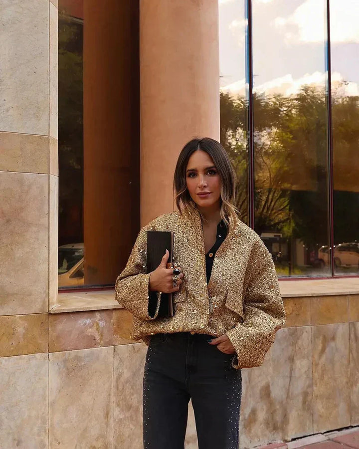 "Blouson doré à paillettes femme chic et glamour, manches longues, idéal pour soirées élégantes."