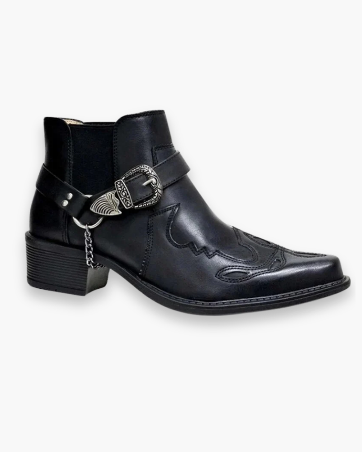 "Bottes cowboy homme élégantes et authentiques, motifs décoratifs, en cuir brun et noir, style western raffiné."