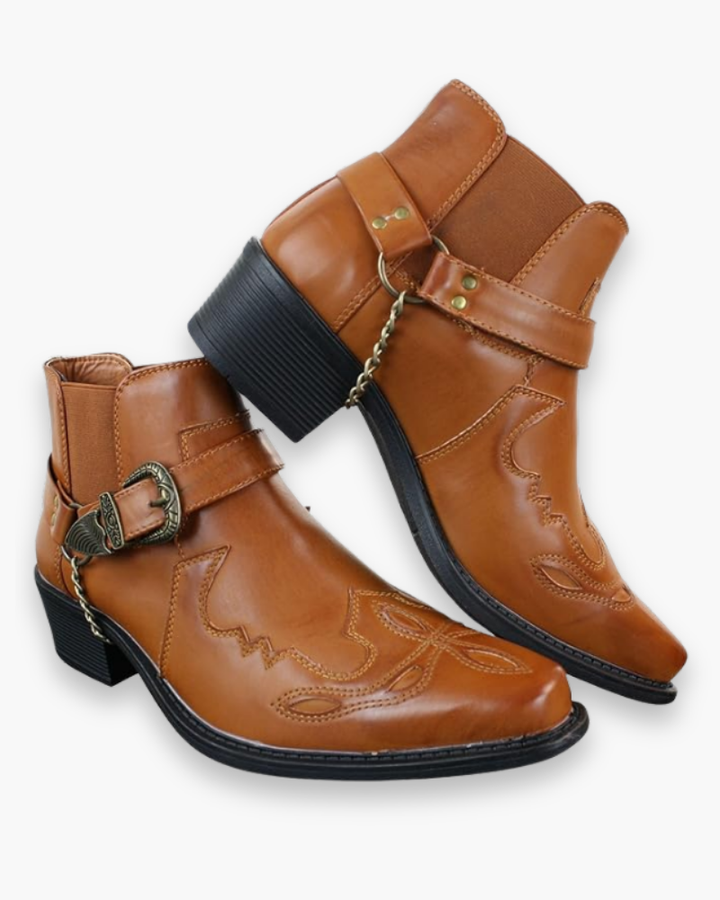 "Bottes cowboy homme élégantes et authentiques, motifs décoratifs, en cuir brun et noir, style western raffiné."