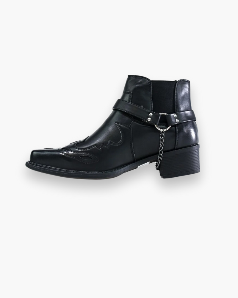 "Bottes cowboy homme élégantes et authentiques, motifs décoratifs, en cuir brun et noir, style western raffiné."