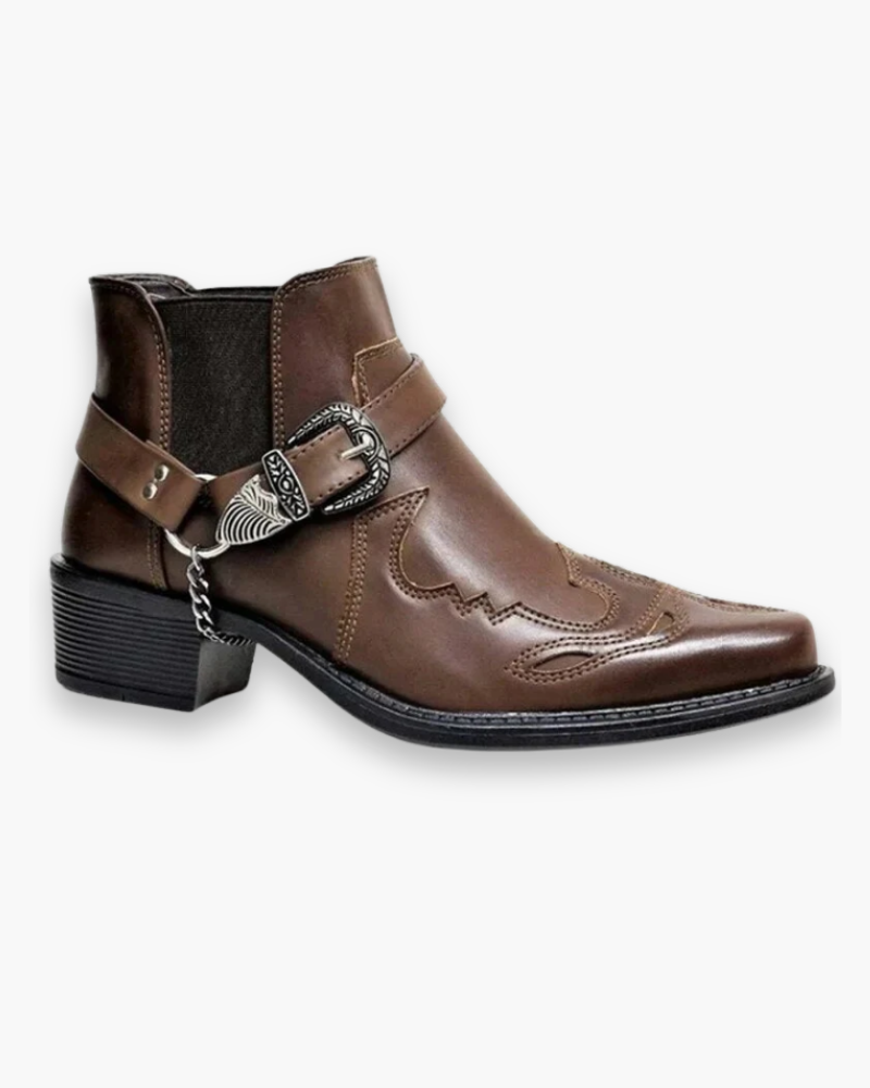 "Bottes cowboy homme élégantes et authentiques, motifs décoratifs, en cuir brun et noir, style western raffiné."