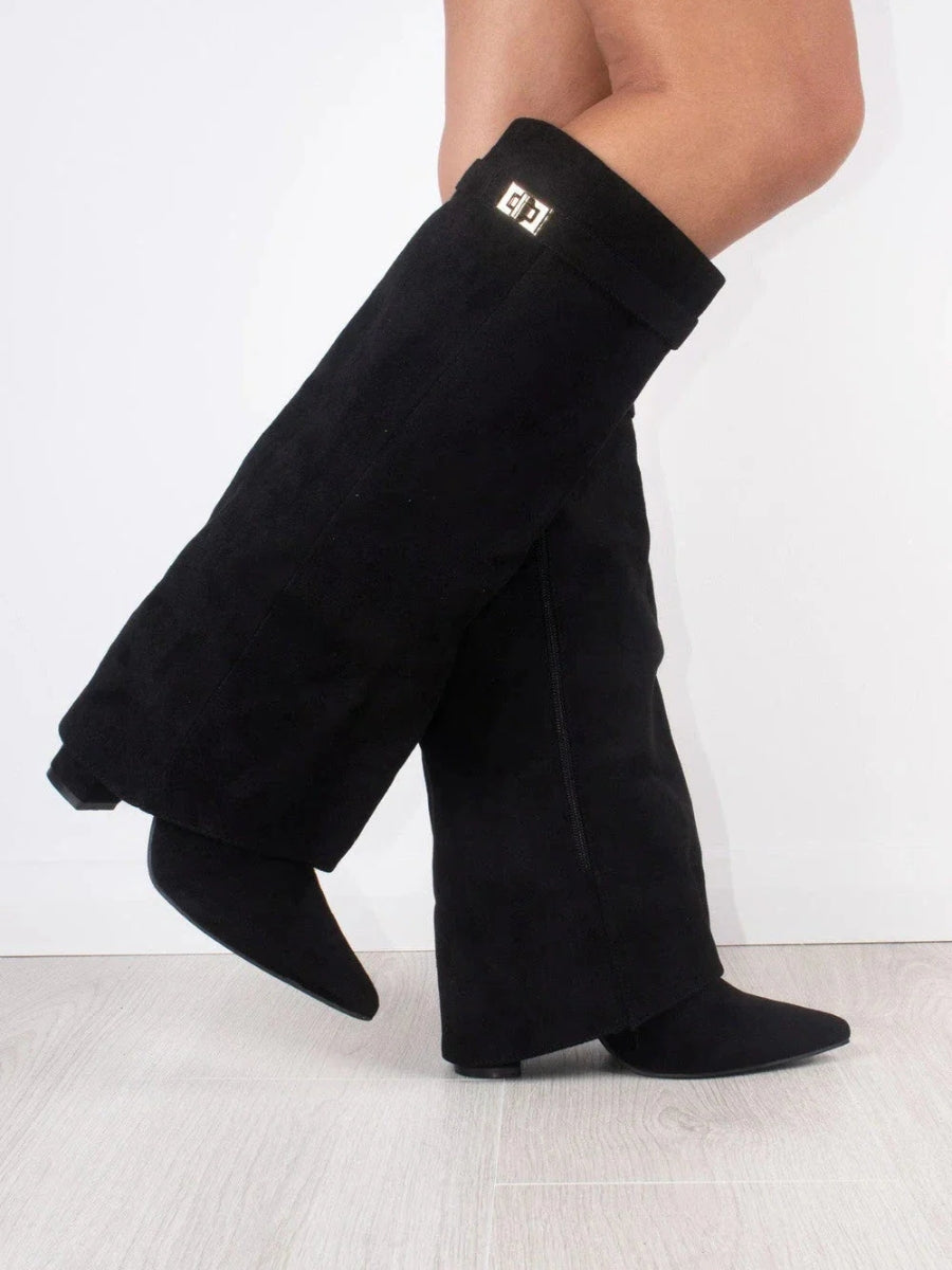 "Bottes hautes élégantes pour femmes, talon caché, style moderne, couleur noire, confort optimal, polyvalentes."