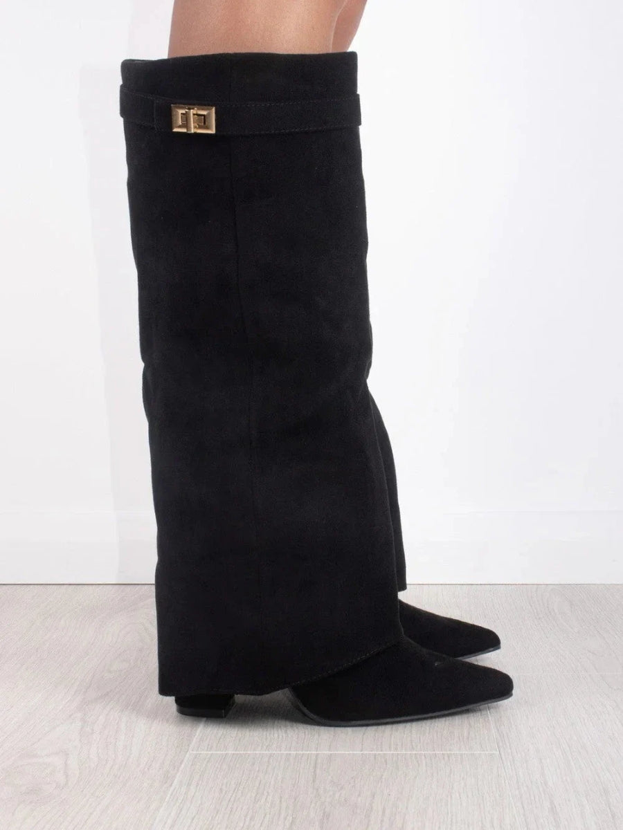 "Bottes hautes élégantes pour femmes, talon caché, style moderne, couleur noire, confort optimal, polyvalentes."