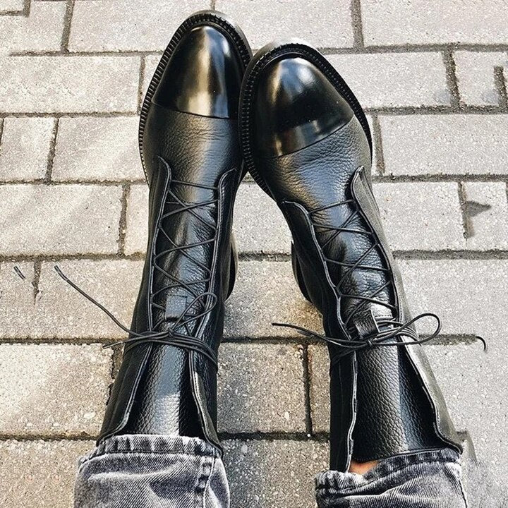 "Bottines élégantes en cuir premium à lacets avec bout pointu, talon bas, couleur marron et noir pour femmes."