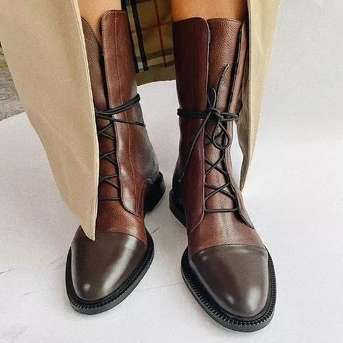 "Bottines élégantes en cuir premium à lacets avec bout pointu, talon bas, couleur marron et noir pour femmes."