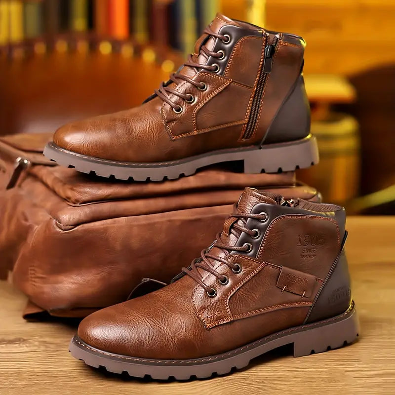 "Bottines homme cuir marron, design élégant, fermeture éclair pour style moderne et polyvalent."
