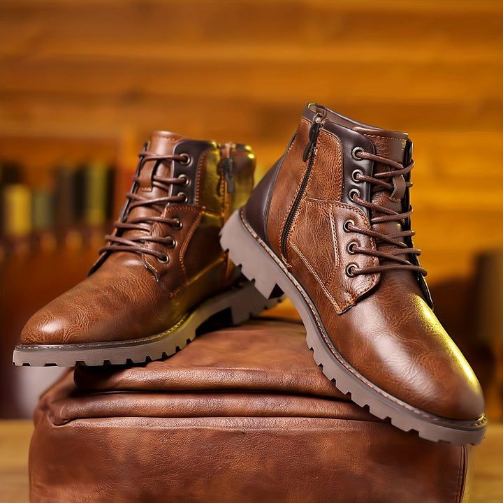 "Bottines homme cuir marron, design élégant, fermeture éclair pour style moderne et polyvalent."